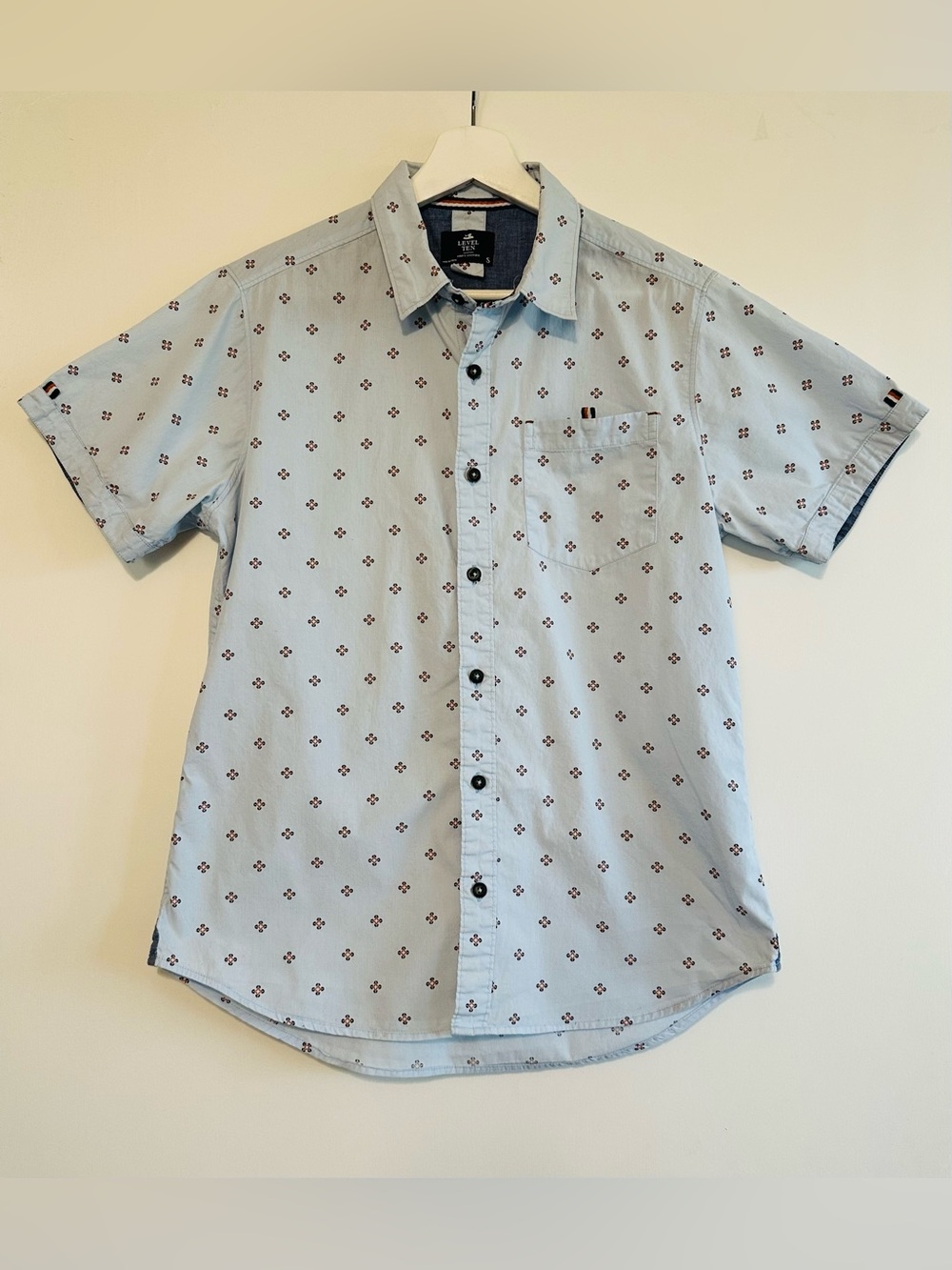 Level Ten Men's Light Blue Cotton Short-Sleeve Printed Button-Down Casual Shirt